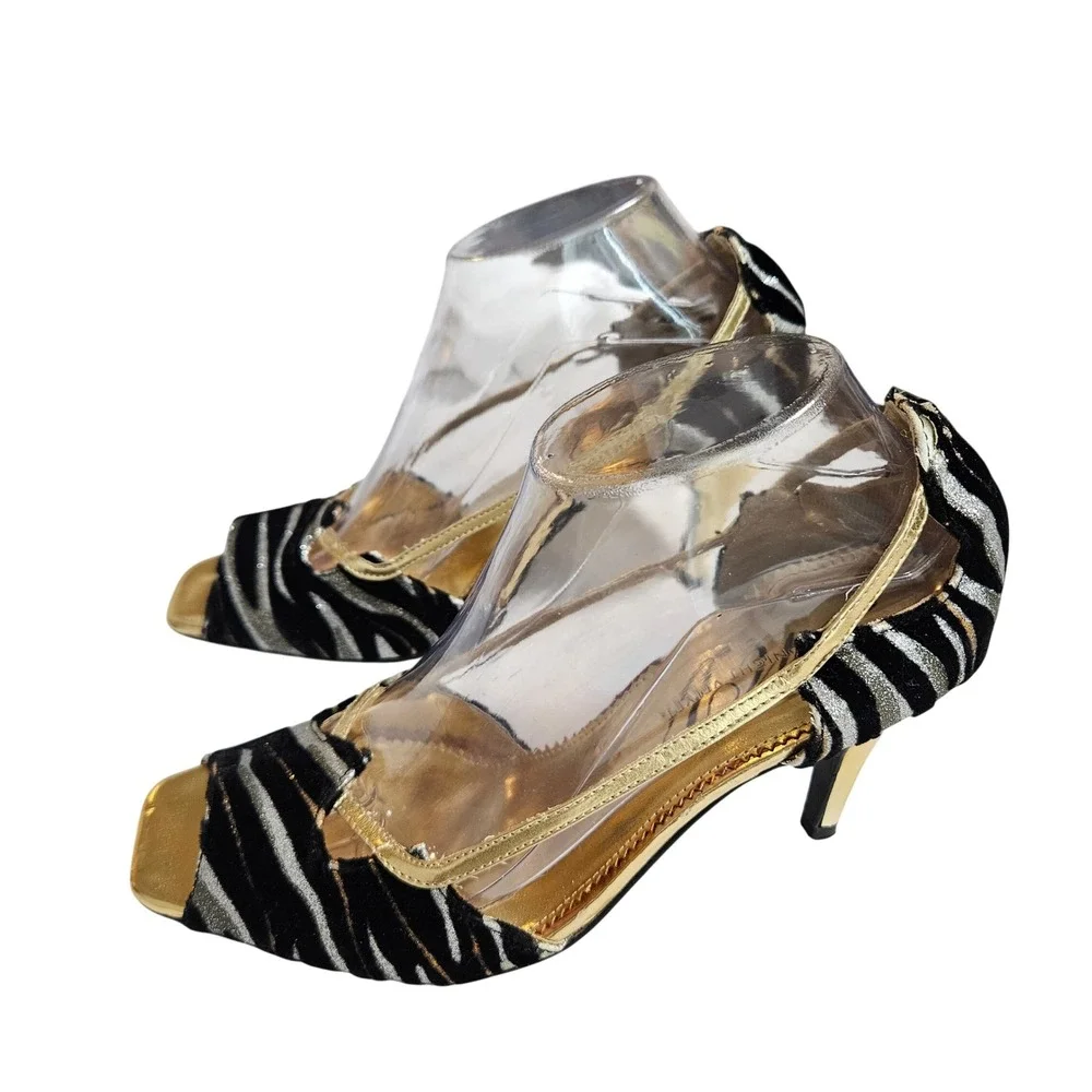 Midnight Velvet Bianca Zebra Animal Print Gold Metallic Peep Toe Heels 8.5M Glam